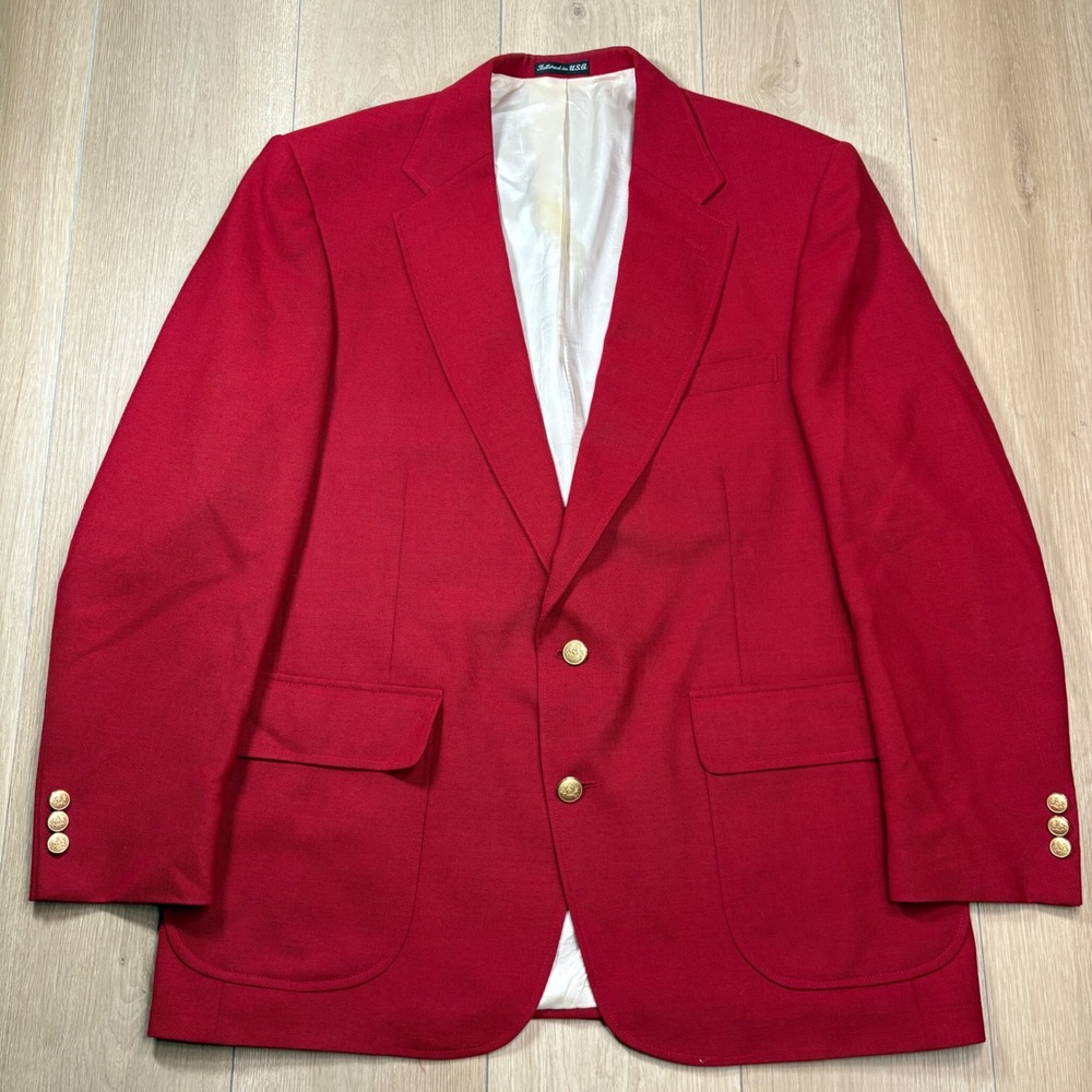 Stafford Mens Red Hopsack Blazer Sport Coat Gold Crest Buttons USA Made 44R